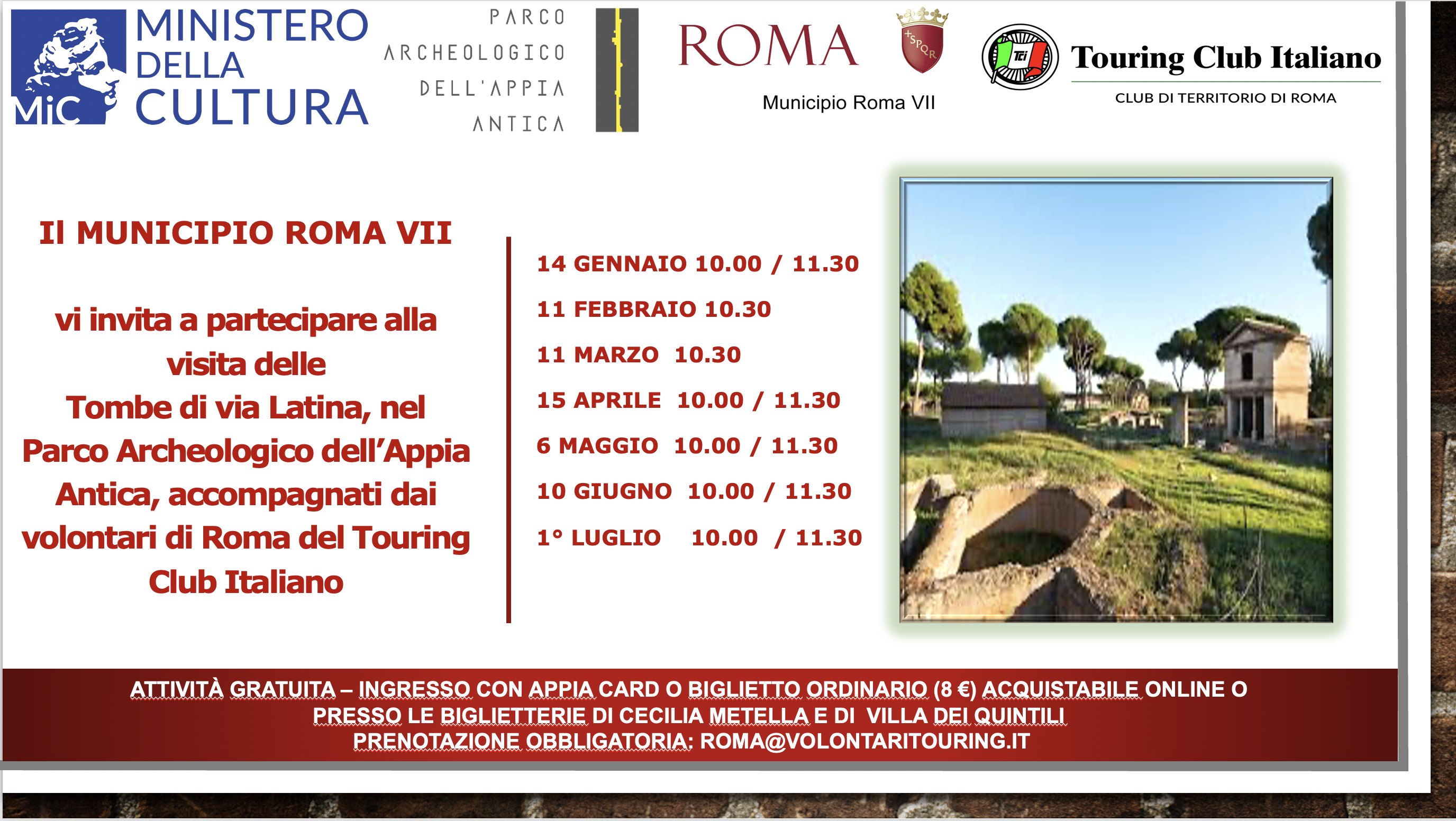 Visite guidate gratuite alle Tombe di Via Latina nel Parco Archeologico dell'Appia Antica